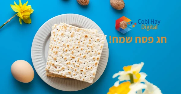 רקע כחול ועליו צלחת עם מצות, ביצה, פרחים ואגוזים. הכיתוב "חג פסח שמח"