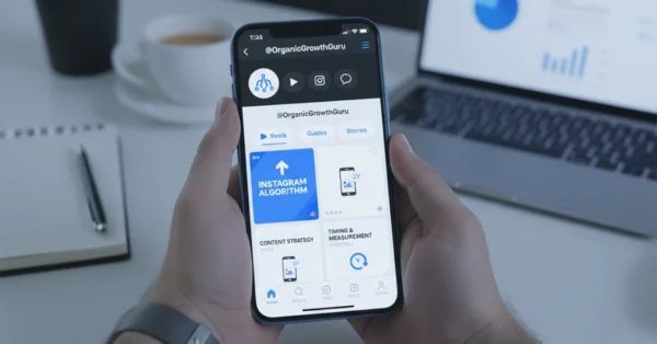 קידום אורגני באינסטגרם – תצוגת פרופיל מקצועי באפליקציה עם גרפים, אסטרטגיית תוכן ומדידה בזמן אמת