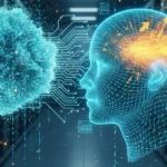 בינה מלאכותית לעסקים ייצוג דיגיטלי של AI מעבד דאטה (ענן כחול) והופך אותו לתובנות עסקיות (אור כתום וגרפים).