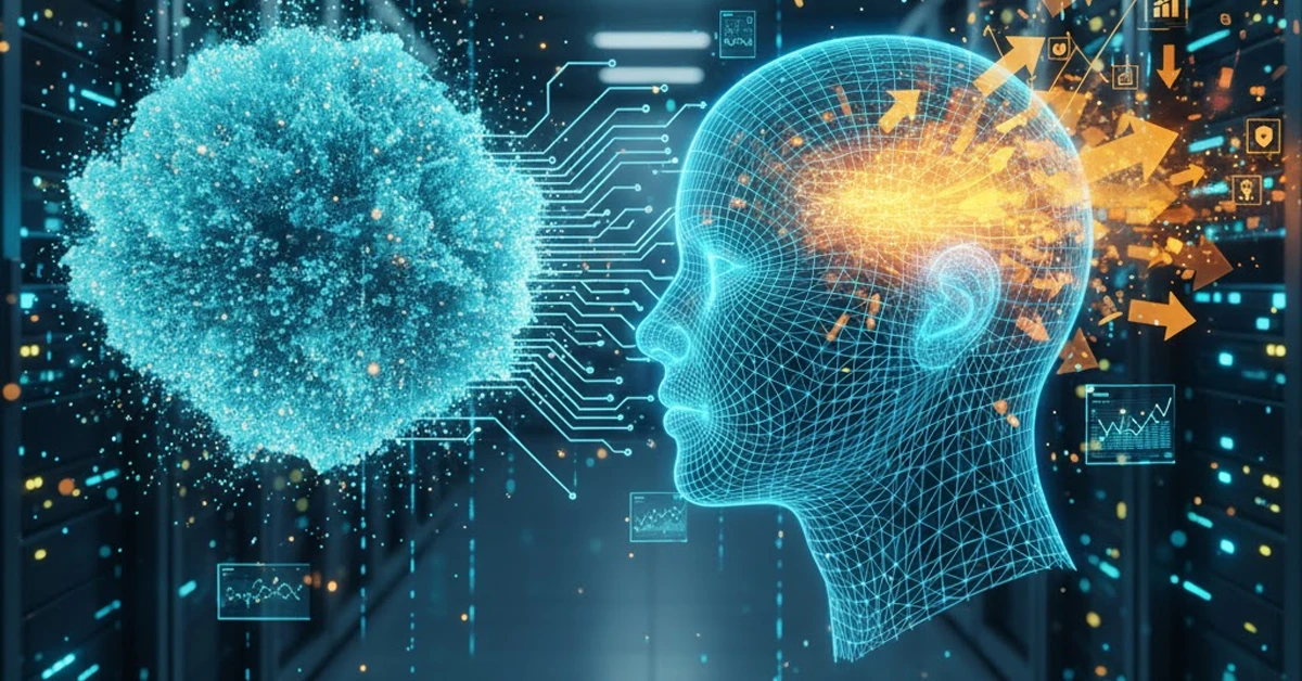 בינה מלאכותית לעסקים ייצוג דיגיטלי של AI מעבד דאטה (ענן כחול) והופך אותו לתובנות עסקיות (אור כתום וגרפים).