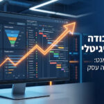 באנר גרפי המציג תהליך עבודה בשיווק דיגיטלי עם מסך מחשב המציג דשבורד נתונים, גרפים, משפך מכירות וציר זמן גאנט, לצד טקסט בעברית: 'CRM, אפיון וגאנט: התשתית שבונה עסק' וחץ כתום זוהר המצביע על צמיחה.
