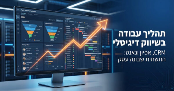 באנר גרפי המציג תהליך עבודה בשיווק דיגיטלי עם מסך מחשב המציג דשבורד נתונים, גרפים, משפך מכירות וציר זמן גאנט, לצד טקסט בעברית: 'CRM, אפיון וגאנט: התשתית שבונה עסק' וחץ כתום זוהר המצביע על צמיחה.
