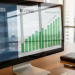 תמונה ראשית למאמר של קובי חי דיגיטל המציגה מסך מחשב עם גרף צמיחה ירוק תחת הכותרת "אופטימיזציית הכנסות" (Revenue Optimization). הגרף מראה עלייה ברווחים לצד עמודה מטושטשת של "לידים", ומדגיש את המעבר מניהול קמפיינים PPC מבוסס קליקים לניהול ממוקד רווחיות.