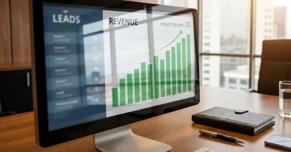 תמונה ראשית למאמר של קובי חי דיגיטל המציגה מסך מחשב עם גרף צמיחה ירוק תחת הכותרת "אופטימיזציית הכנסות" (Revenue Optimization). הגרף מראה עלייה ברווחים לצד עמודה מטושטשת של "לידים", ומדגיש את המעבר מניהול קמפיינים PPC מבוסס קליקים לניהול ממוקד רווחיות.