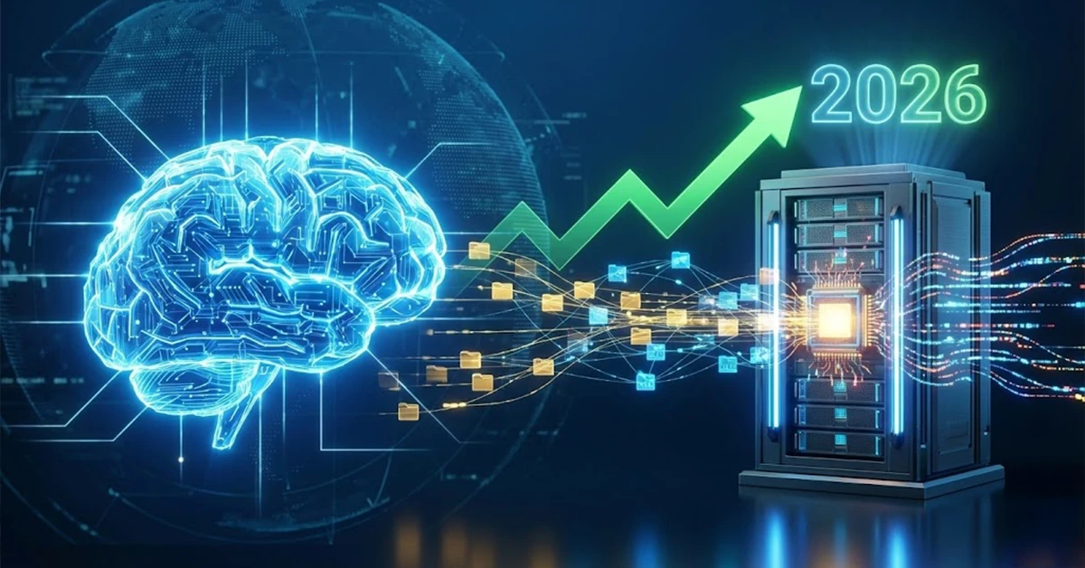 פרסום ממומן ב-2026 - איור דיגיטלי עתידני המציג מעבד בינה מלאכותית (AI) המעבד נתוני First-Party Data ומדידה צד-שרת (Server-Side Tracking), עם יד אנושית המנחה את התהליך וגרף צמיחה ירוק העולה לעבר שנת 2026