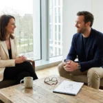 פגישה עסקית המדגישה אסטרטגיית שיווק B2B המבוססת על אמון וקשר אנושי במשרד מודרני.