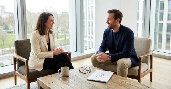 פגישה עסקית המדגישה אסטרטגיית שיווק B2B המבוססת על אמון וקשר אנושי במשרד מודרני.