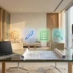 אסטרטגיית AI לעסקים - אדם עומד ליד חלון במשרד מהודר, אייקונים של זכוכית מגדלת, רשימה, עט וגלגל שיניים על השולחן