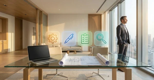 אסטרטגיית AI לעסקים - אדם עומד ליד חלון במשרד מהודר, אייקונים של זכוכית מגדלת, רשימה, עט וגלגל שיניים על השולחן