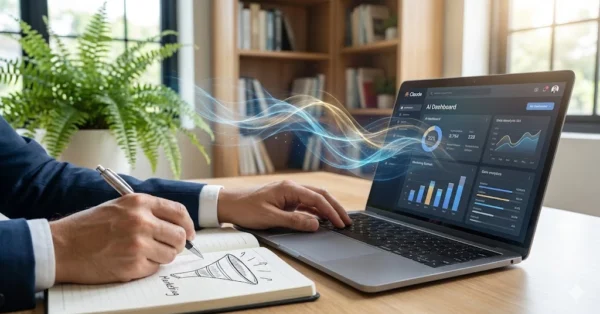 שילוב אסטרטגי של בינה מלאכותית לעסקים בניהול השיווק: אדם עובד עם ממשק Claude ומשרטט משפך שיווקי במחברת בקובי חי דיגיטל.