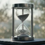 אוטומציה לעסקים ובינה מלאכותית תקריב של שעון חול מודרני ממתכת המשלב גלגלי שיניים מכניים בבסיסו, מסמל אוטומציה לעסקים וחוסן כלכלי על רקע נוף עצי זית בשמש.