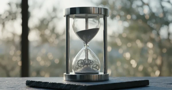 אוטומציה לעסקים ובינה מלאכותית תקריב של שעון חול מודרני ממתכת המשלב גלגלי שיניים מכניים בבסיסו, מסמל אוטומציה לעסקים וחוסן כלכלי על רקע נוף עצי זית בשמש.