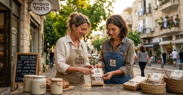 כיפת ברזל עסקית: למה שיווק בזמן מלחמה הוא הכרח לאומי - תמונה שמצביעה על ערבות עדדית, שתי נשים עובדות מחוץ למאפיה ומכינות מיני מאפה לתרומה