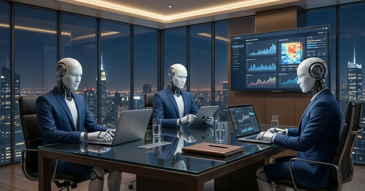 העתיד של בניית צוות שיווק דיגיטלי אוטונומי: שלושה אנדרואידים בחליפות עסקים יושבים סביב שולחן ישיבות יוקרתי, עובדים על לפטופים וטאבלט. ברקע, קיר עץ עם מסך טלוויזיה המציג דאשבורד נתונים מפורט, וקו רקיע עירוני מנצנץ בלילה. פתרון מתוחכם ואוטומטי לניהול קמפיינים שיווקיים.