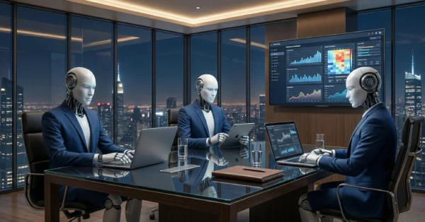 העתיד של בניית צוות שיווק דיגיטלי אוטונומי: שלושה אנדרואידים בחליפות עסקים יושבים סביב שולחן ישיבות יוקרתי, עובדים על לפטופים וטאבלט. ברקע, קיר עץ עם מסך טלוויזיה המציג דאשבורד נתונים מפורט, וקו רקיע עירוני מנצנץ בלילה. פתרון מתוחכם ואוטומטי לניהול קמפיינים שיווקיים.