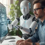 קלאוד קוד לעסקים - אדם ורובוט עובדים ביחד על מחשב