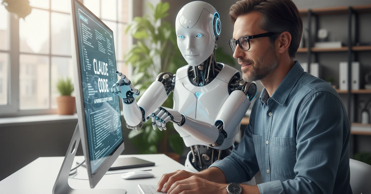 קלאוד קוד לעסקים - אדם ורובוט עובדים ביחד על מחשב