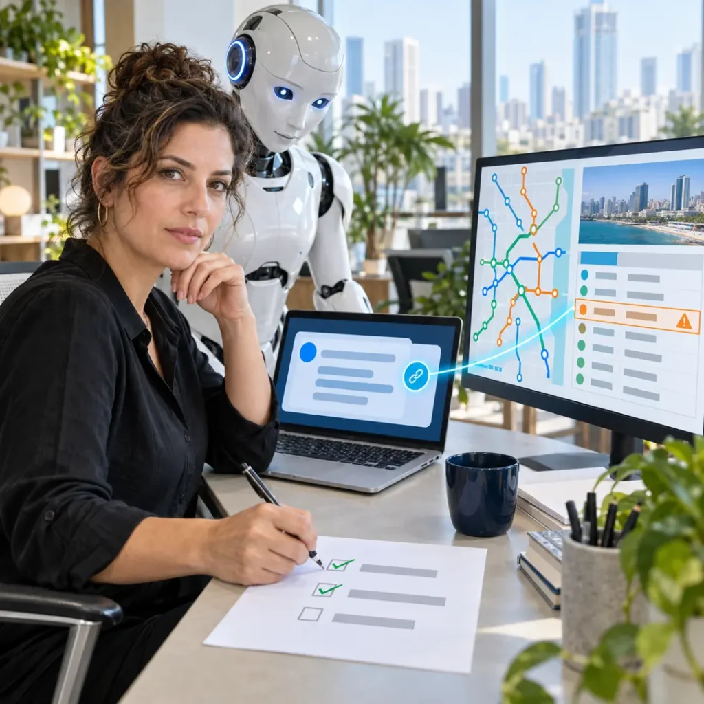 בדיקת מקורות של תשובת AI: אישה פותחת את המקור שה-AI ציטט, משווה אותו לתשובה ומסמנת רשימת בדיקה, כשרובוט AI עומד מאחוריה