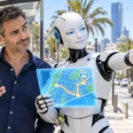 האם ה-AI משקר: רובוט בינה מלאכותית מצביע בביטחון על מסלול אוטובוס שגוי בתל אביב, ולצדו אדם שבודק בטלפון ומפקפק בתשובה