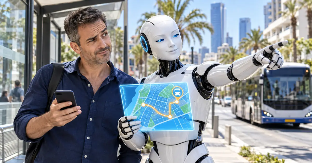 האם ה-AI משקר: רובוט בינה מלאכותית מצביע בביטחון על מסלול אוטובוס שגוי בתל אביב, ולצדו אדם שבודק בטלפון ומפקפק בתשובה